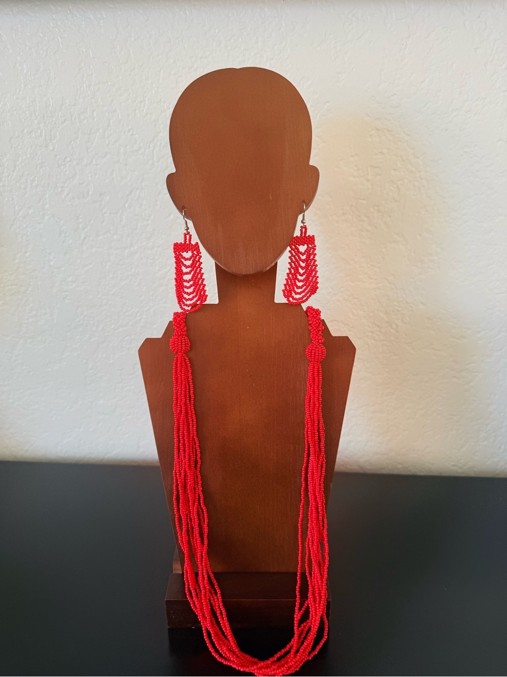Red Beaded Multi-Strand Necklace with Matching Drop Earrings